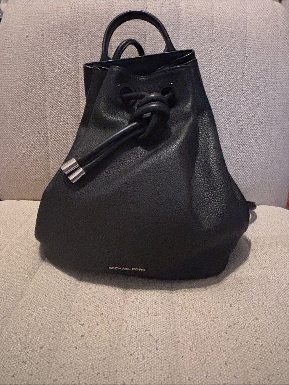 Michael Kors Black Pebbled Leather Drawstring Backpack